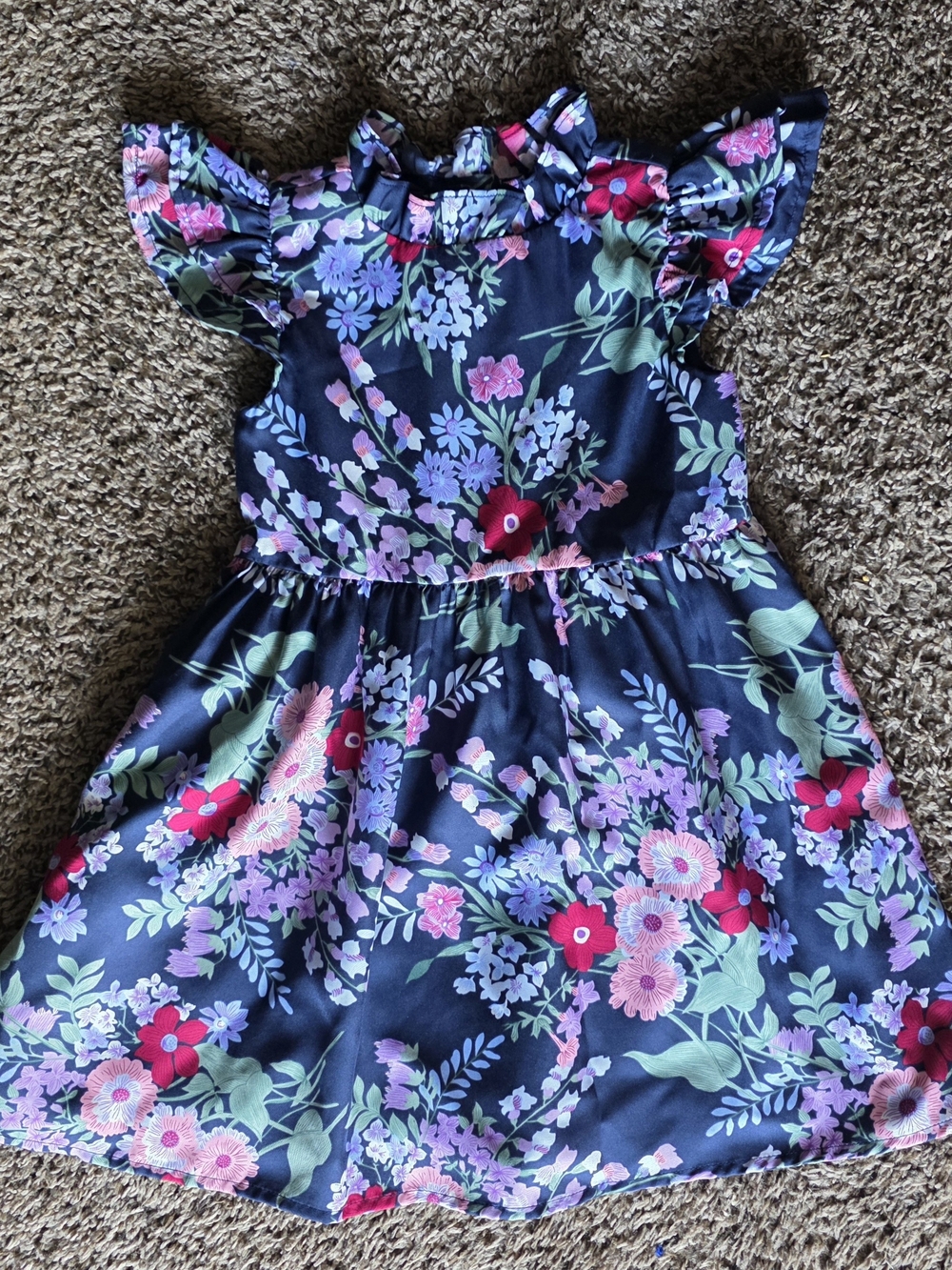 Janie and Jack Navy Floral Ruffle-Sleeve Dress with Pink & Red Blooms
